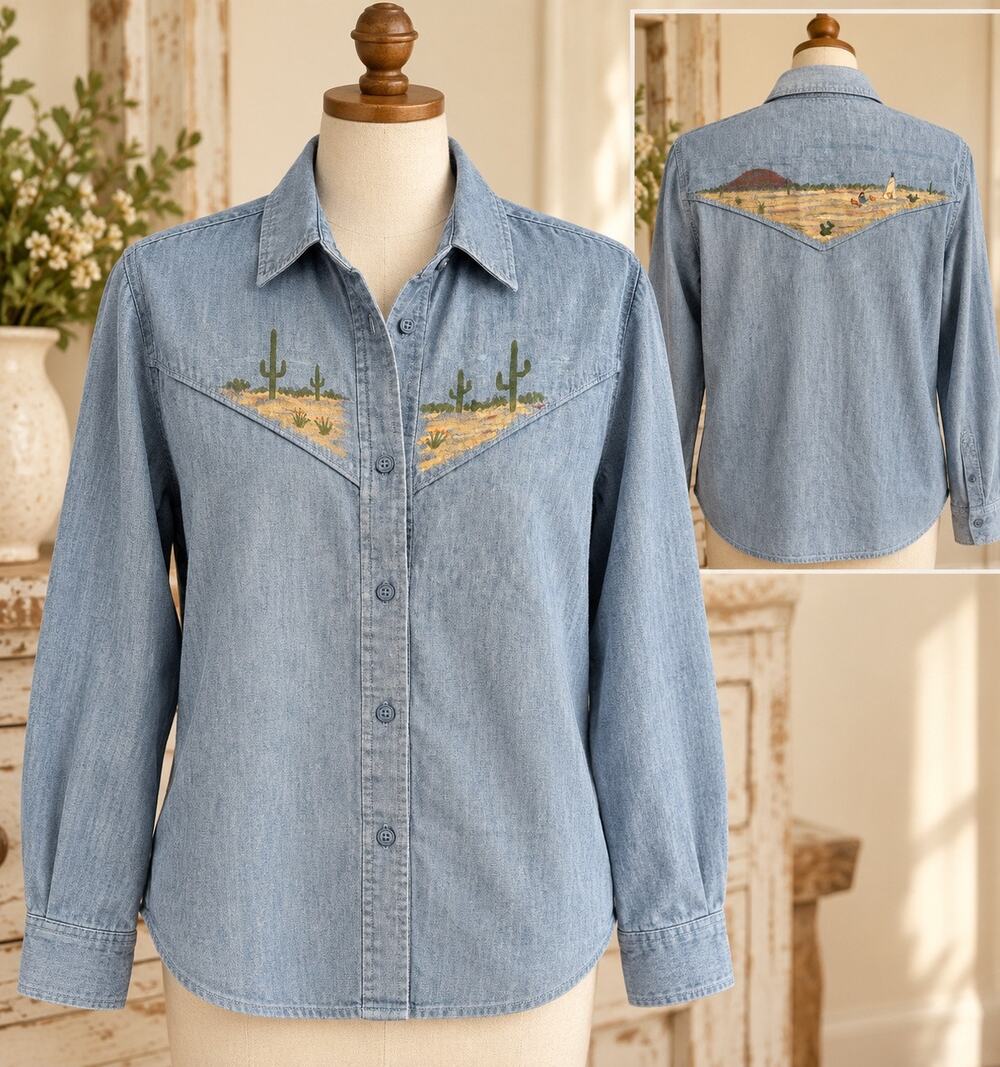 Southwestern Desert Cactus Painted Look Chambray Shirt Western Button Up Blue